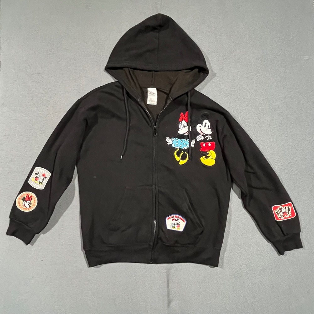 Disney Mickey Minnie Mouse Black Zip Up‎ Hoodie Sweatshirt Patches Size M